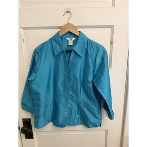S.L.B.‎ Vintage Blue V-Neck Silk Blouse 3/4 Sleeves Size Medium Petite